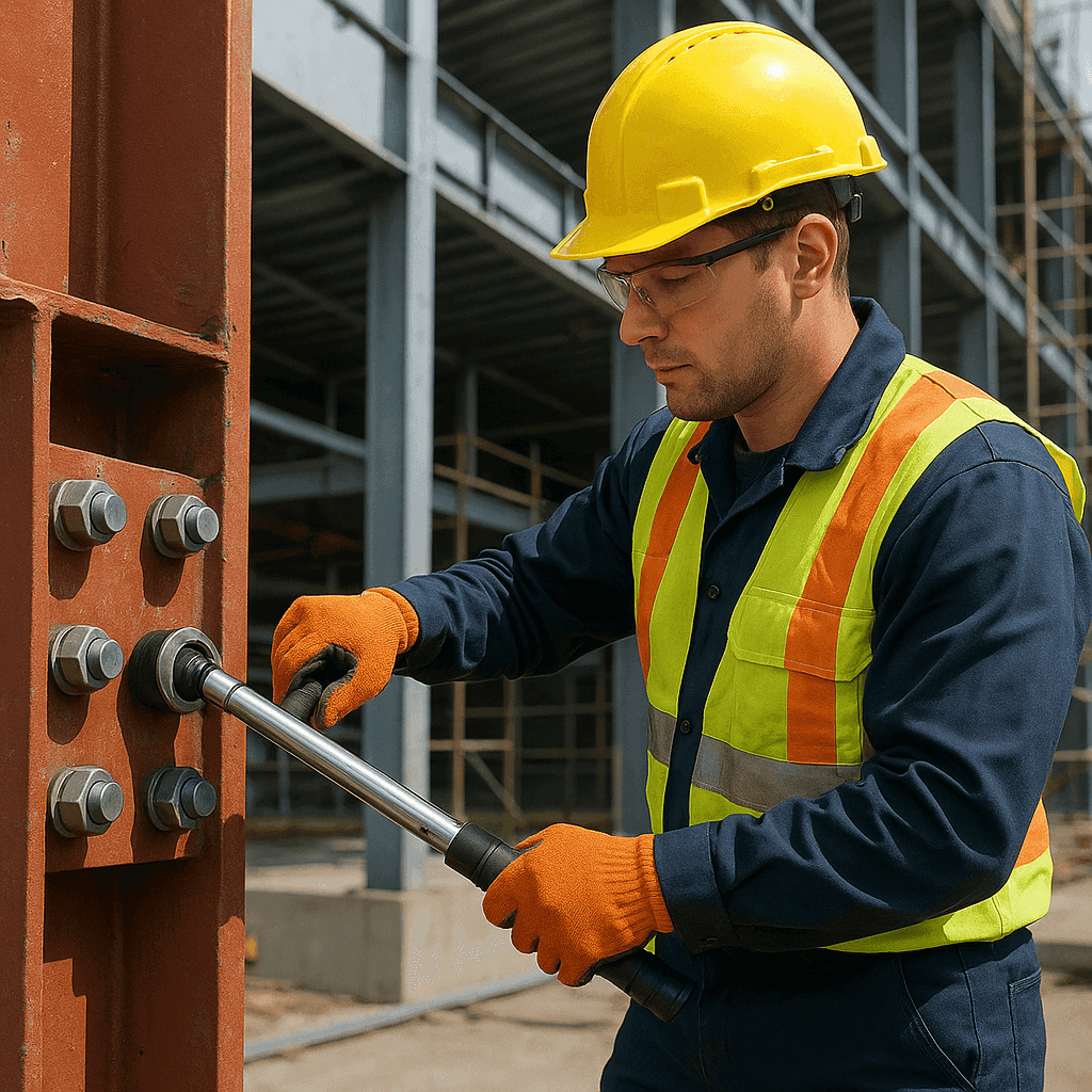 Worker applying torque to a structural bolt